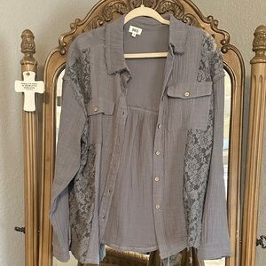 Gray Lace Button-Up Shirt